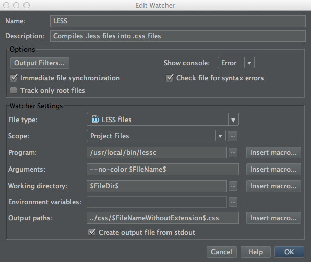 Editing file watcher settings using PhpStorm 6.0.