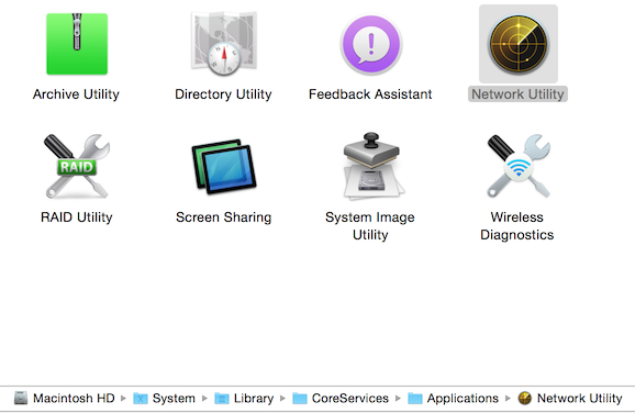 Network Utility shown in Finder.